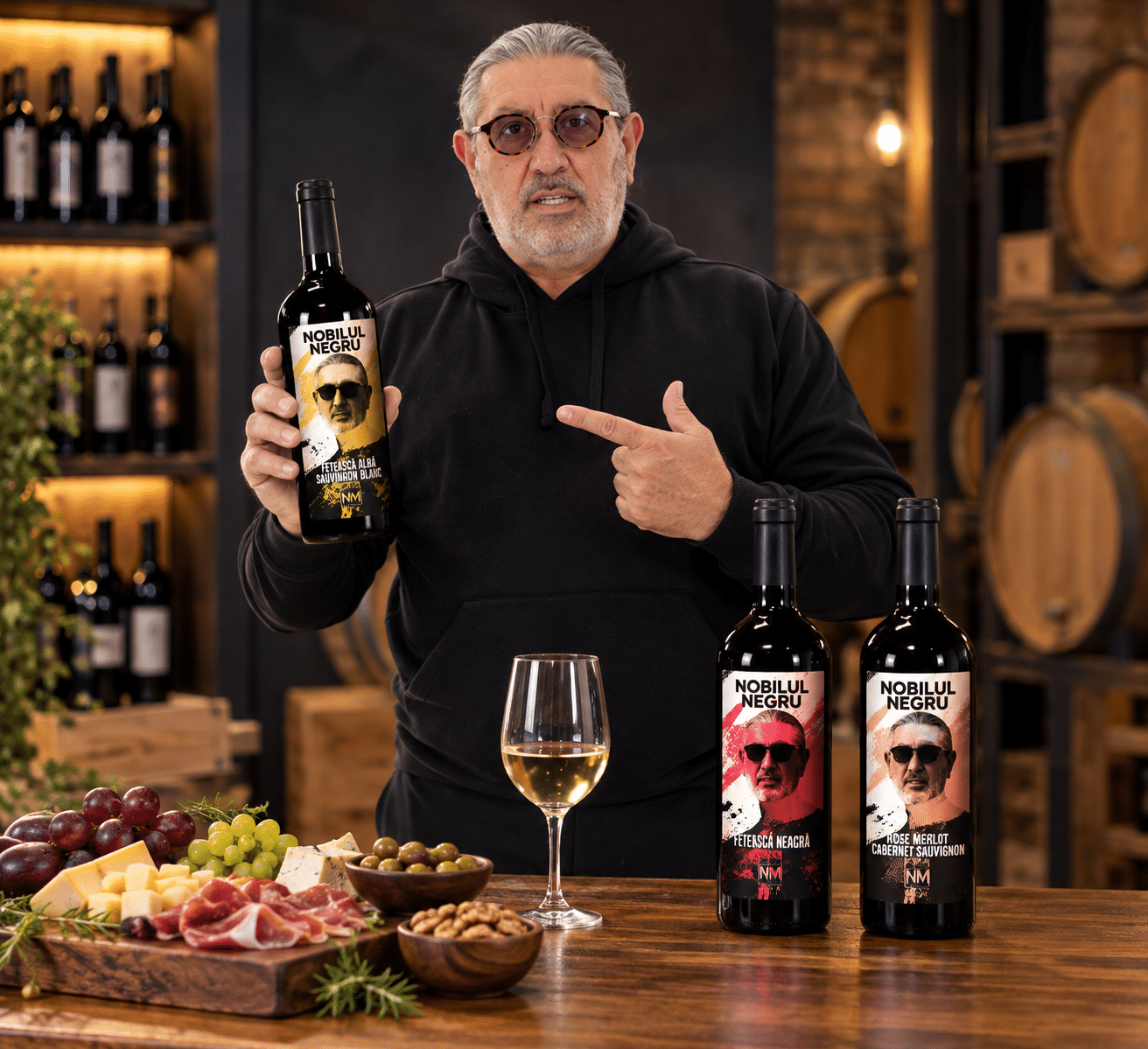 Serghei Mizil cu vinurile Nobilul Negru în pivniță